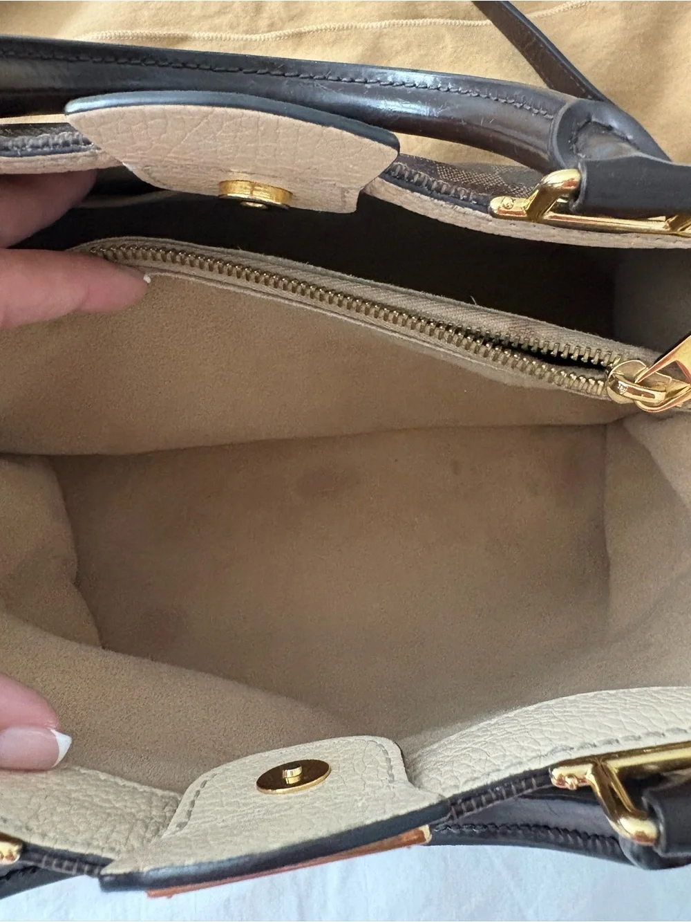 Authentic Louis Vuitton Brown Damier Canvas Bag with Gold Hardware